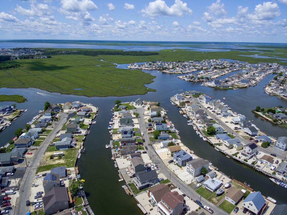 Aerial view of a canal town on the bay