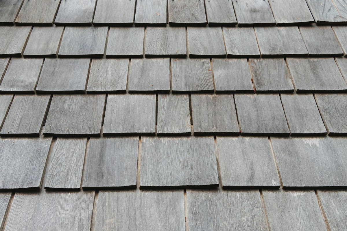 Close up of weathered wood roof shingles