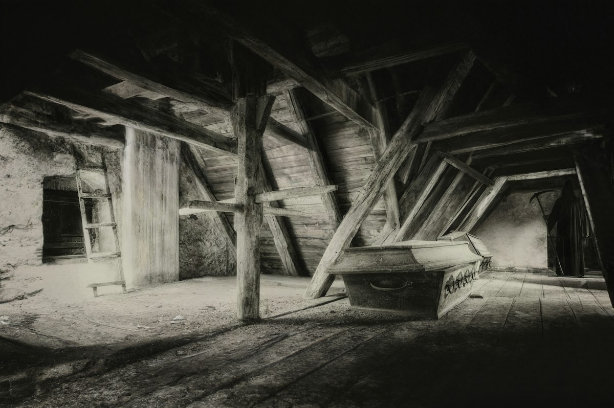Wooden beams in an attic